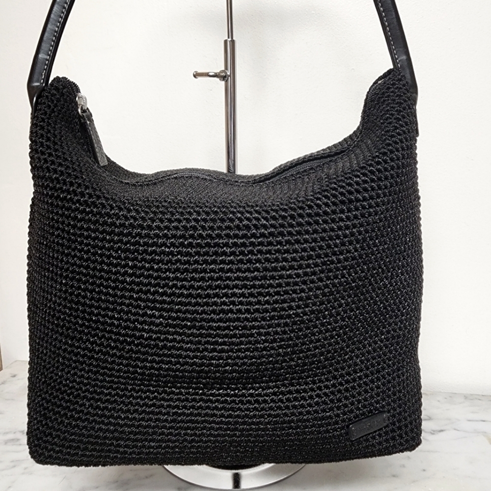 The Sak Black Knit Crochet Hobo  Bag Purse Shoulder Bag Handbag Bucket Bag Large